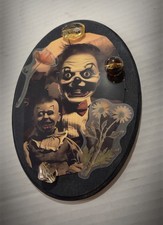 Clown Holding Puppet Creepy Wood Oddity Plaque 7” Wall Decor Weird OOAK picture