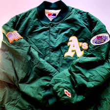 Vtg OAKLAND A's TOPPS Stadium Club Patch Bomber Jacket XXL ATHLETICS Green 1990s picture