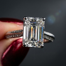 3.00 Ctw Emerald Cut Moissanite Double Row Engagement Ring 14K White Gold Plated picture