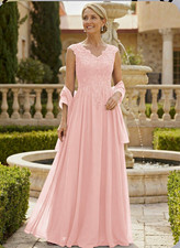 V-Neck Lace Sleeveless A-Line Long Pink Wedding Dress, Women’s Regular 12 picture