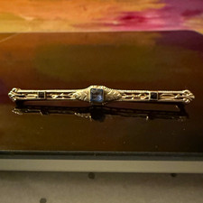 Antique Ostby Barton 10K Yellow Gold Bar Pin Brooch C Clasp Blue Stone Edwardian picture