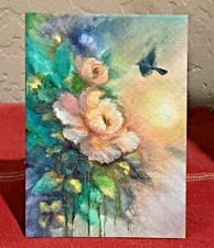 ACEO Peony In Abstract Mini Painting W/Special Oil Technique signed 3.5x2.5 OOAK picture