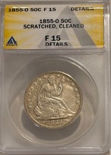 1855 O Seated Liberty Silver Half Dollar ANACS F Details Arrows/Better Date picture