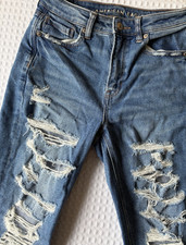 American Eagle Curvy Mom Jeans Super High-Rise Strigid Distressed Blue size 4 picture