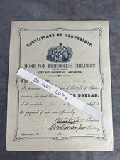 Antique 1860 Home For Friendless Children Membership Certificate Lancaster, PA picture