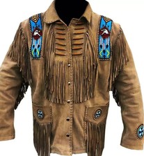 Mens Buckskin Leather Suede Jacket Fringes Deerskin Mountain Man Native American picture