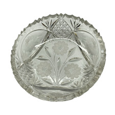 Antique American Brilliant Cut Glass Hobstar Engraved Flowers Sawtooth Rim Bowl picture