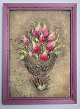 Original Mixed Media Oil Pink Tulips Painitng - Textured Floral Wall Art, Framed picture