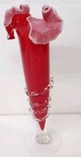 Vintage Red Twisted Stem Glass Vase Twist Wrap Ruffled picture