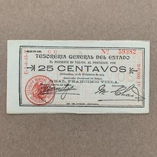 Rare PANCHO VILLA Banknote Mexico 25 Centavos Mexican Currency. Chihuahua Money picture
