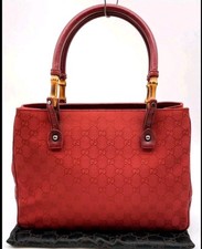Auth Vintage Gucci 112526 Bamboo GG Canvas Leather Red Tote Bag W/Dust Bag  picture