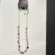 Paparazzi Silver Tone Cable Chain Necklace Iridescent Marquise Rhinestone picture