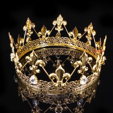 Men's Imperial Medieval Fleur De Lis Gold King Metal Crown 8cm Tall 56.5cm Circ picture