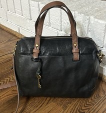 Vintage Fossil Black Leather Satchel Bag With Brown Accents Gold Key Charm picture