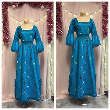 Vintage 60s 70s Blue Embroidered Maxi Dress Boho Hippy Flared Sleeve Mexico S picture