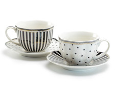 Grace Teaware Black Josephine Stripes and Dots Porcelain Cup and Saucer Set of 2 picture