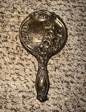 Antique Sterling Silver Hand Mirror Art Nouveau Floral Repousse 10