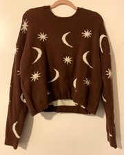 Volcom Women's Brown Knit Crew Neck Pullover Sweater Moon & Stars Graphic M picture