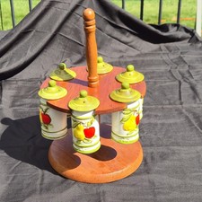 Vintage Mid Century Carousel Spice Rack 6 Ceramic Jars Hand Painted Fruit Japan picture
