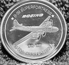 1992 BOEING EMPLOYEEs COIN CLUB 1.5 Oz .999 Silver B-29 Medal 50th Anniv. McPt picture