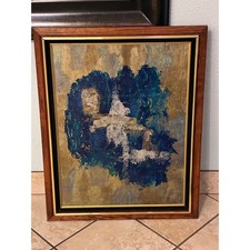 VTG MCM Abstract Impasto Oil Painting Teal Gold Black Velvet matte Frame 20x24