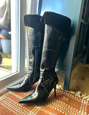 RARE Steve Madden Vintage 90s/Y2k Fur Cuff Patent Leather Calf Buckle Boot Heels picture