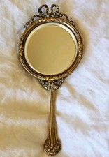 Antique 19th Century French Bronze Handheld Vanity Mirror Bow Floral Handle picture