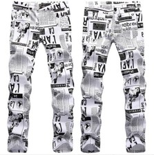 Mens Newspaper Print Jeans Fashion Hip Hop Slim Fit Denim Pants Casual Trousers picture