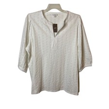 J Jill White Eyelet Pullover Blouse 3/4 Puff Sleeve V Neck Cotton Size XL NWT picture