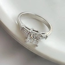 2 CTW Princess Cut Moissanite Three Stone Engagement Ring 14K White Gold Plated picture