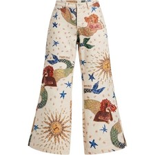Farm Rio Womens Mermaid Sun Star Print Flare Twill Boho Dress Pants Medium picture