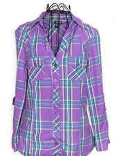 Rue 21 Women’s Plaid Flannel Button Up Shirt Size M Purple Cotton Long Sleeve picture
