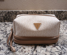 GUESS Beige & Brown Makeup Bag Cosmetic Case with Zipper and Wrist Strap picture