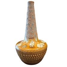 Vtg Mid Century Modern Lava Glaze Ceramic Vase Reticulated Butterscotch Gold MCM picture