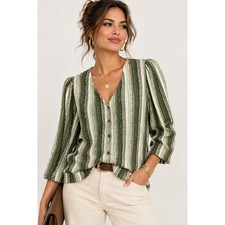 Pale Sky Millie Olive Green Striped Textured Button Front Knit Top Large NEW picture