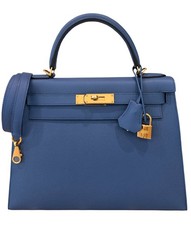 Hermes Kelly 28 Sellier Blue Bleu Agate Epsom Leather Gold Hardware RARE picture