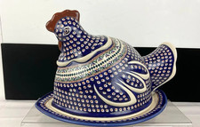 Unikat Hand Painted Polish Pottery Hen Covered Dish  Signed Iwona Wegrynowska picture