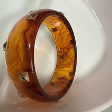 Vintage Root Beer Translucent Bakelite Bangle Bracelet with Metal Studs. picture