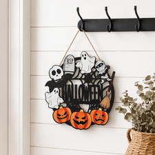 Halloween Wooden Door Hanger Sign, Spider Web Cutout Halloween Front Door Decor picture