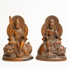 Vintage Wooden Carved Manjushri and Samantabhadra with Lion and Elephant picture