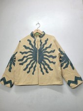 Womens Boho Abstract Sunburst Applique Herringbone Woven Jacket Coat Grey Suzani picture