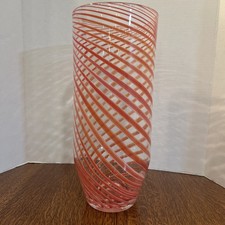 VTG Italian Murano Style Art Glass Vase Latticino Candy Cane Red/White Stripe picture