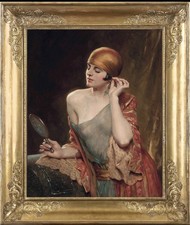 Hand Painted Classical Oil Painting Woman Applying Earrings Art Vintage Style picture
