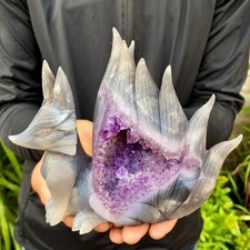 1.71LB Natural Agate Geode Hand Carved Nine-tailed Fox Quartz Crystal Decor picture