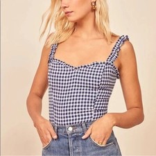 Reformation Top Womens 2 Havana Gingham Check Navy White Ruffle Strap Sweetheart picture
