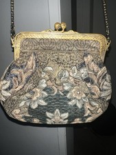 Vintage Antique Tapestry Fabric Purse With Hinge Metal Frame And Chain picture