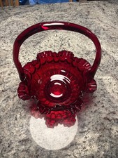 Vintage Fenton Ruby Red Thumbprint Glass Basket Ruffled Rim Handled picture