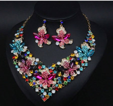 JEWELRY SET-3Pcs Luxury Colorful Flower Crystal Necklace and Earrings picture