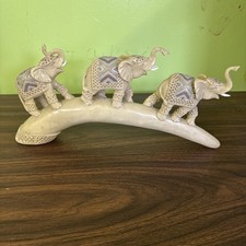 Vintage Elephant Figurine Sculpture Faux Ivory Tusk Resin Safari Decor 15” Long picture