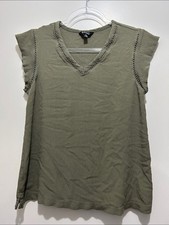 Buffalo David Bitton Olive Green Crochet Trim V‑Neck Short Sleeve Top Size Small picture